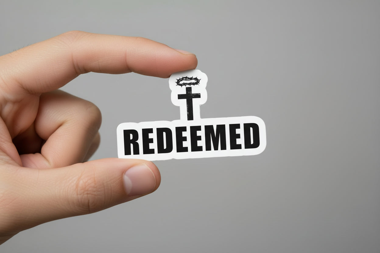 Cross with wreath above and 'REDEEMED' text below on a white background