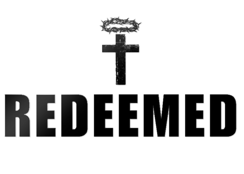 Black cross with a wreath on top and the word 'REDEEMED' below on a white background