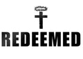 Black cross with a wreath on top and the word 'REDEEMED' below on a white background