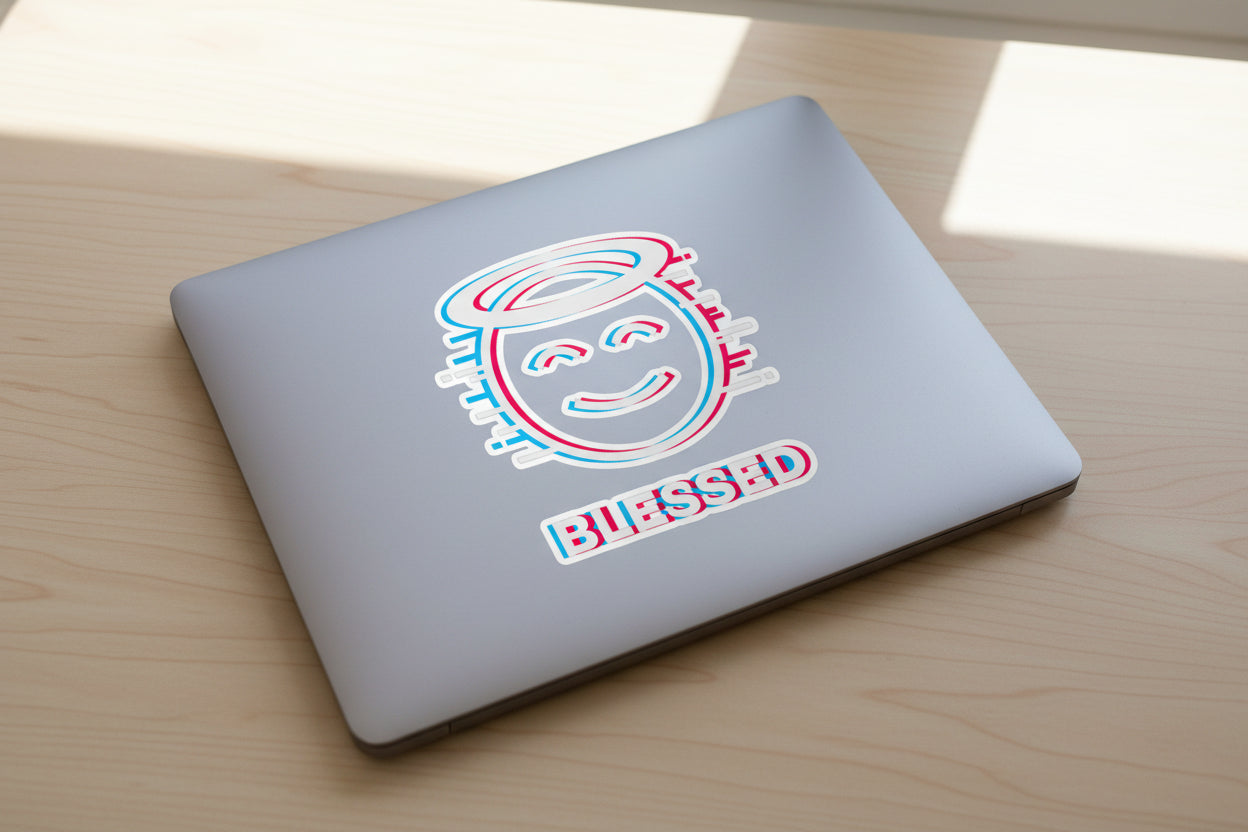 Circular design with a face, halo, and 'BLESSED' text on a white background